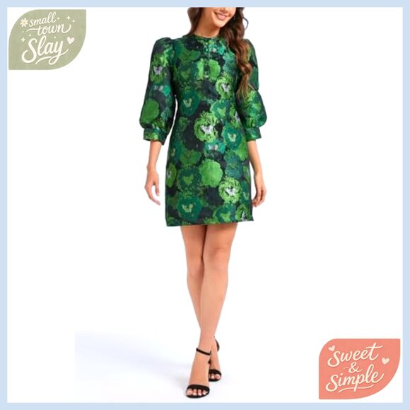 Floral Jacquard Shift Dress Long Puff Sleeve Button Up Cocktail Mini - Picture 3 of 7